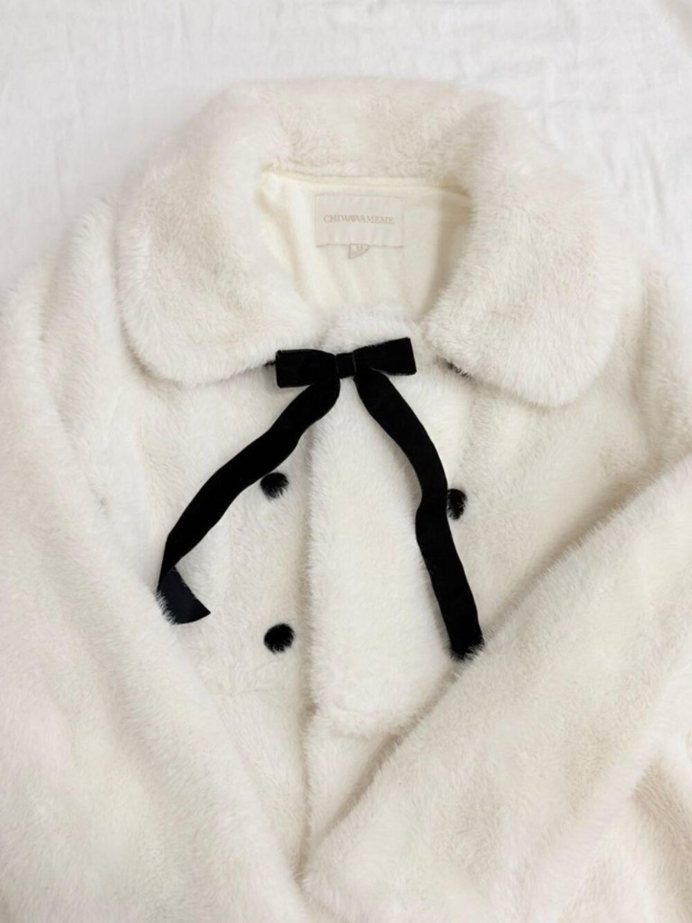 White Faux Fur Coat Black Pompom Buttons Collared Winter Jacket Coquette S
